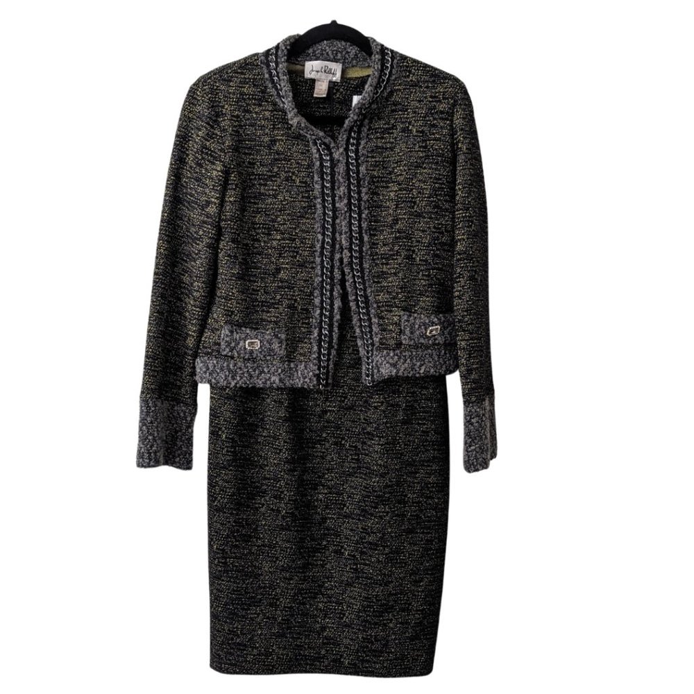 JOSEPH RIBKOFF Black Tweed DRESS & JACKET 10 Boucle Chain 2 piece set green